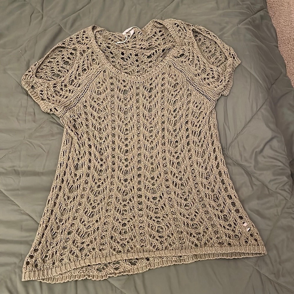Victoria’s Secret Short Sleeve Crochet Cold Shoulder Olive Green Sweater